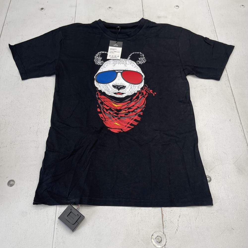SOOOEC Shirt Mens Medium Black Sound Activated LED Panda Graphic Tee Novelty