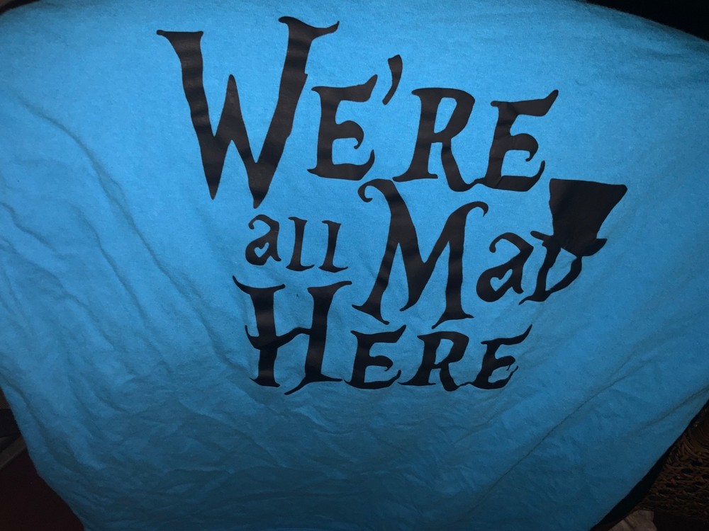 Alice in Wonderland- We’re All Mad Here -Cheshire Cat foil print giant L teal