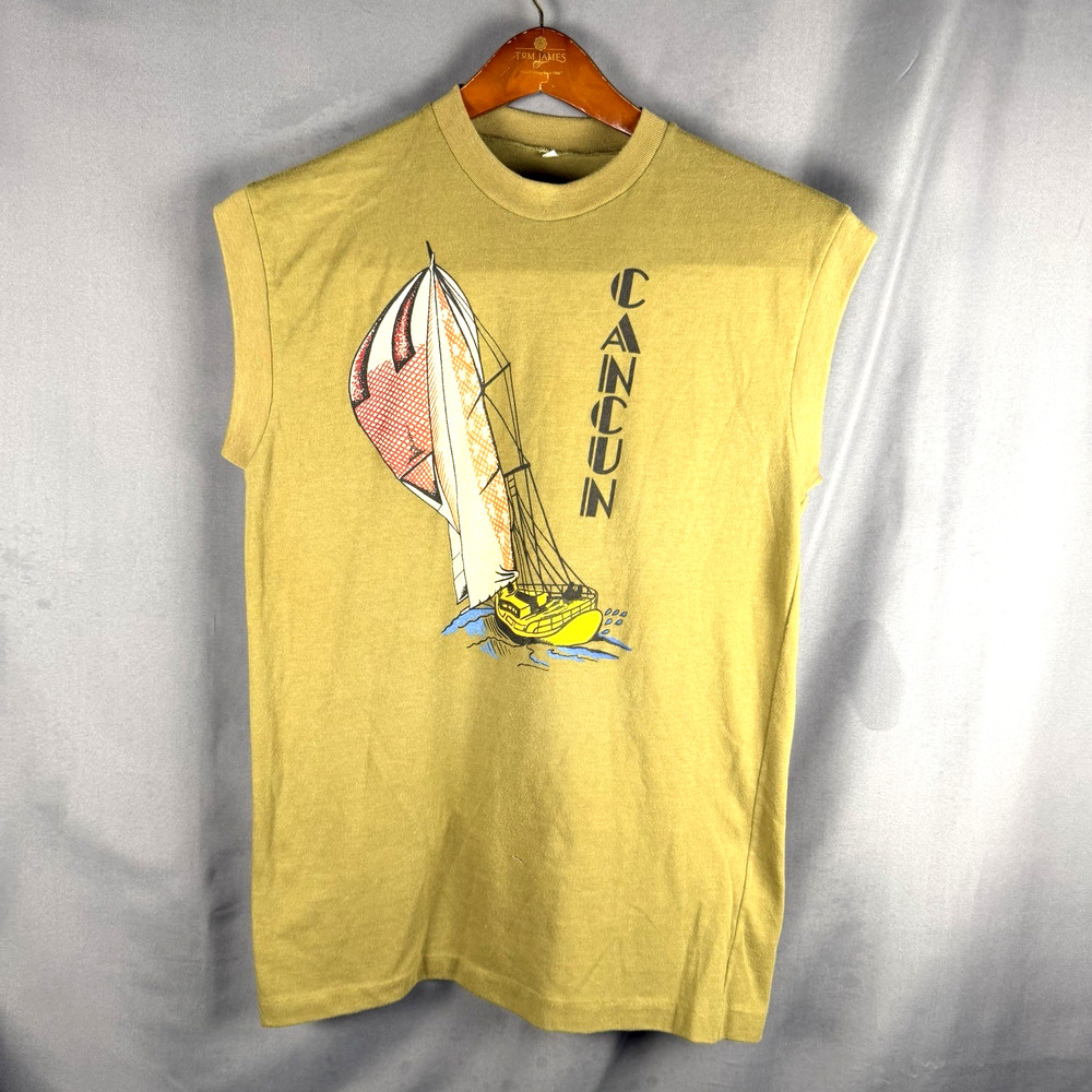 Vintage Single Stitch 60s 70s Cancun Sleeveless T Shirt Olive Sail Boat Distress