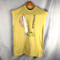 Vintage Single Stitch 60s 70s Cancun Sleeveless T Shirt Olive Sail Boat Distress
