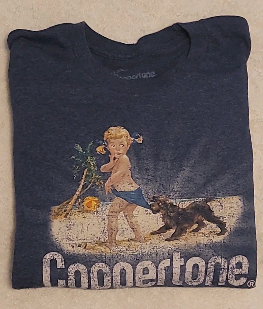 Coppertone Baby Iconic Dog&Girl Shirt Unisex X-Lg Blue Beach Graphic Gray USA