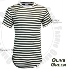 Men T-Shirt Striped Casual Crew Neck Short Sleeve Curved Extended Long Tee Top