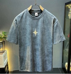 Mens Graphic Embroidered T-Shirt Retro Acid Wash Vintage Streetwear Crewneck Tee