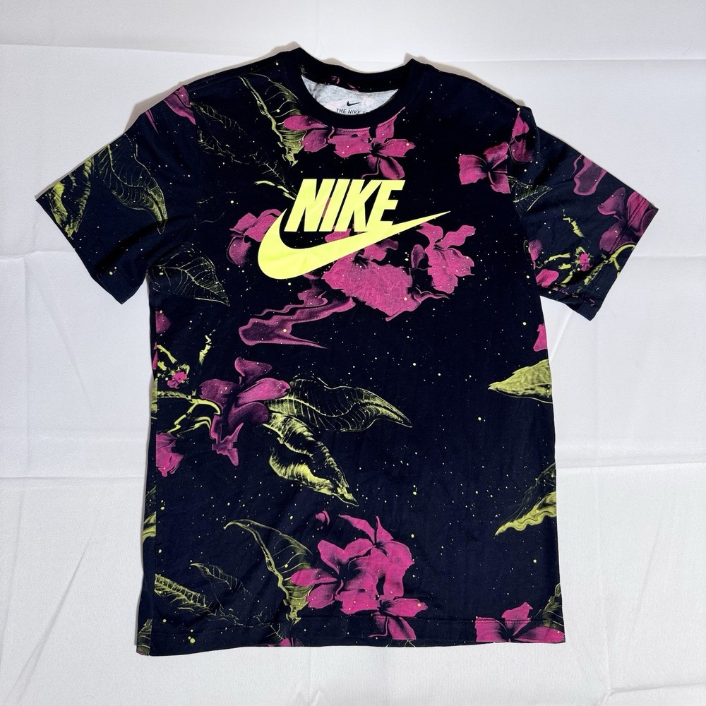 Nike Tee Shirt, AOP, Floral/Leaves/Galaxy, 100% Cotton, Black, Male, Medium