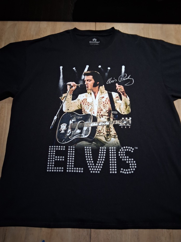 ​Official Graceland Elvis Presley Graphic Tee Black Rhinestone Bling Shirt…