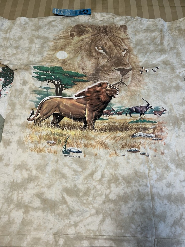 Rare Vintage 90s Liquid Blue No Pupil Lion T Shirt Single Stich AOP NWT