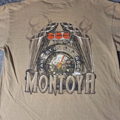Vintage Juan Pablo Montoya Racing T-Shirt Fastest On The Track NASCAR Tan Medium