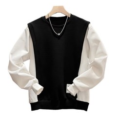 Men Spliced Contrast Color Fake Two Piece Round Neck Sweatshirt for Daily