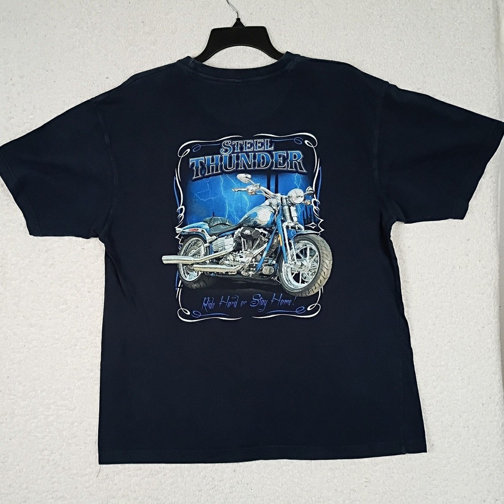 Newport Blue Graphic T-Shirt Mens XL Black Steel Thunder Biker Short Sleeve