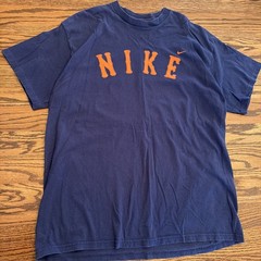 Vintage 90s Nike Blue Graphic SPELLOUT Logo T-Shirt Men’s Large Orange Lettering
