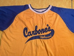 Vintage Carbone’s Pizza MN L Blue Yellow Softball Baseball Team Jersey #5 2Tone