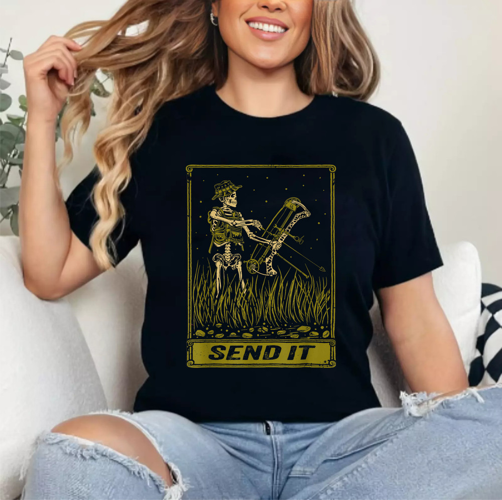Send It Vintage Bowfishing Skeleton Outdoor Adventure Art T-Shirt