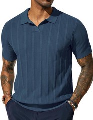 Mens V-Neck Knit Polo Shirt Textured Lightweight Breathable Summer Casual Top