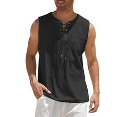 Men’s Cotton Linen Sleeveless Lace Up Shirt Casual Retro V Neck Loose Tank Top V