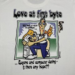 Vintage 90s Eugene Computer Dating Cartoon Shirt White Large Single Stitch VTG