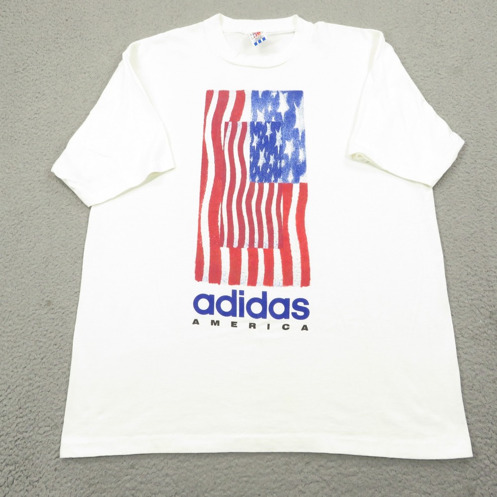 VTG Adidas Shirt Men XL 90s USA American Flag Graphic Tee Spellout Single Stitch