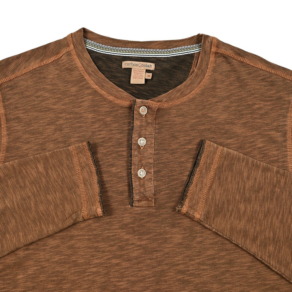 Carbon 2 Cobalt Men’s M Heather Brown Cotton Long Sleeve Henley Shirt Casual