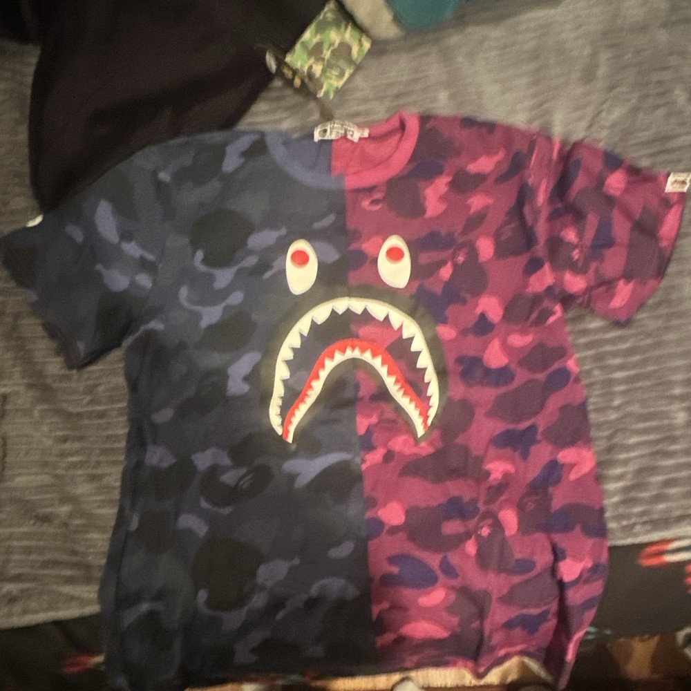 A Bathing Ape BAPE Shark Face Split Camo Crew Neck T-Shirt Men s XL