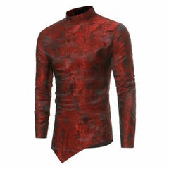 Men Printed Shirt Vintage Long Sleeve Grandad Collar Top Asymmetric Hem Slim YM0