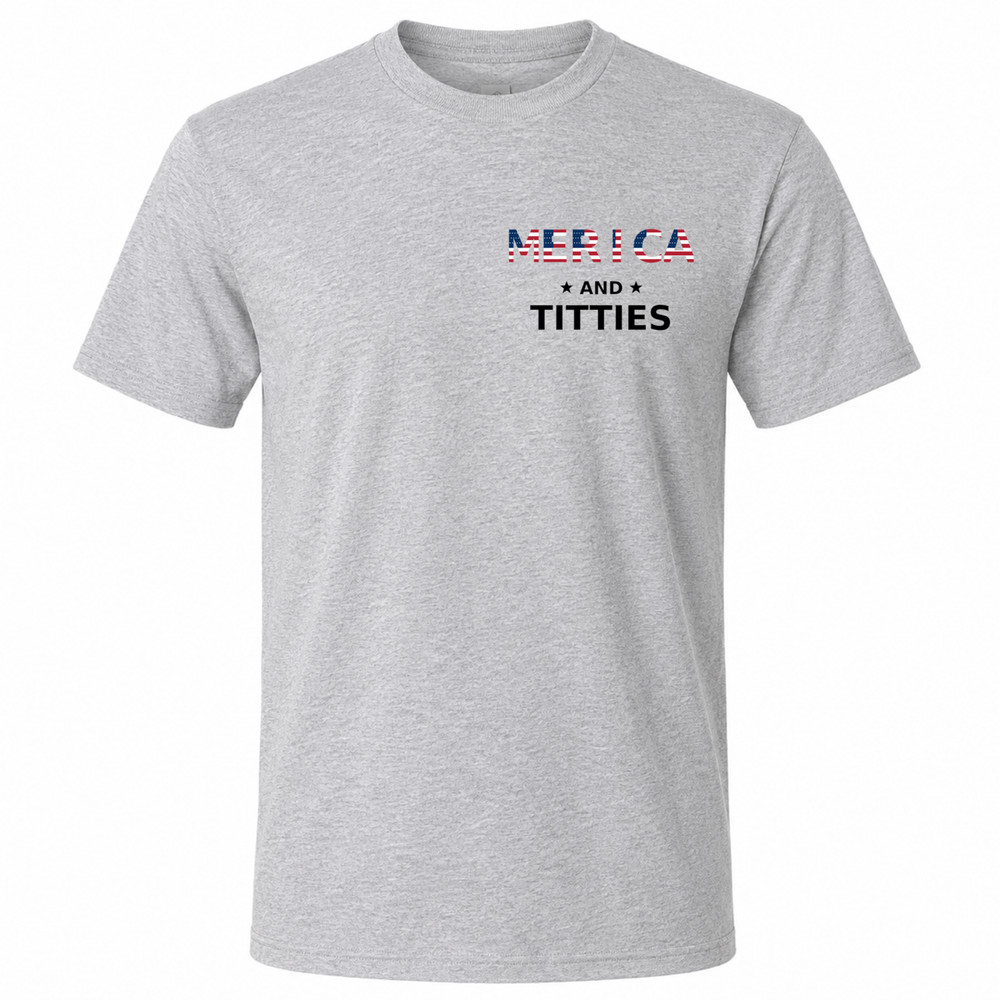 Merica and Titties Funny US Flag Gray Graphic T-Shirt