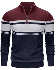 Mens Long Sleeve Sweater 1/4 Zip Winter Warm Casual Fleece Pullover Striped Polo