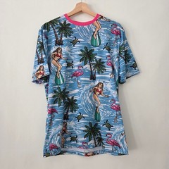WEIV Vacation Club Mens Hawaiian Surf Girl Flamingo Palm Tree Graphic T Shirt M