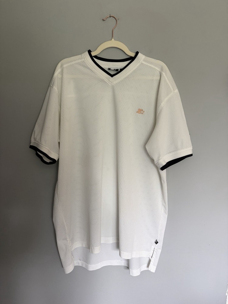 Starter Mesh Shirt Jersey Mens XL White V-Neck Embroidered Logo Athletic Vented