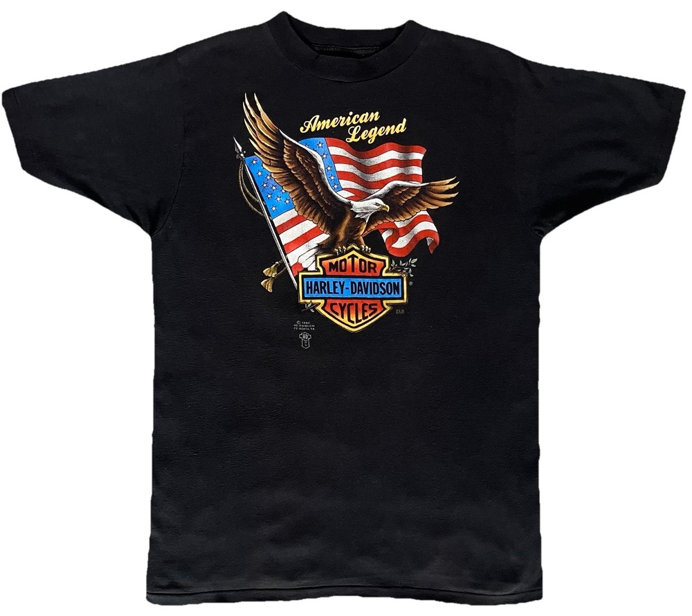 Vintage 1986 Harley Davidson American Legend 3D Emblem T-Shirt Sz M/L Eagle Flag