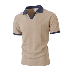 Men’s Cable Knit Contrast Collar Polo Shirt Business Casual V Neck Summer Top