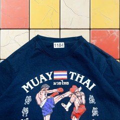 VTG Muay Thai Y2K Kick Boxing Shirt Men S Navy MMA Thailand Tee Kick Leeson