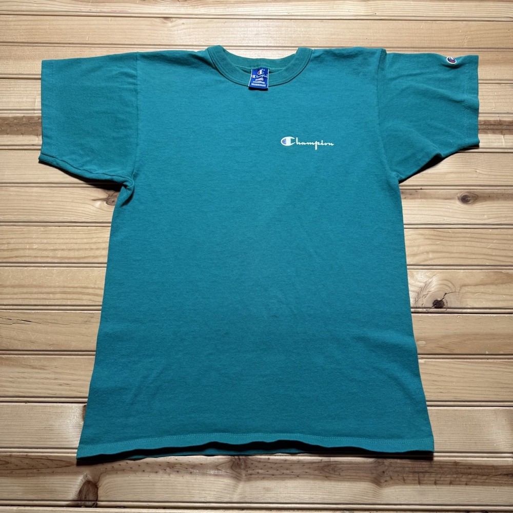 Vintage 90s Champion Script Logo Athletic Teal Blue Size Medium Single Stitch