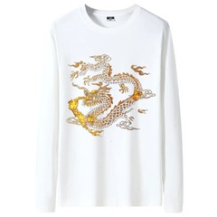 Fashion Dragon Rhinestones Diamond Long Sleeve Luxury Men Trend Cotton T-Shirt