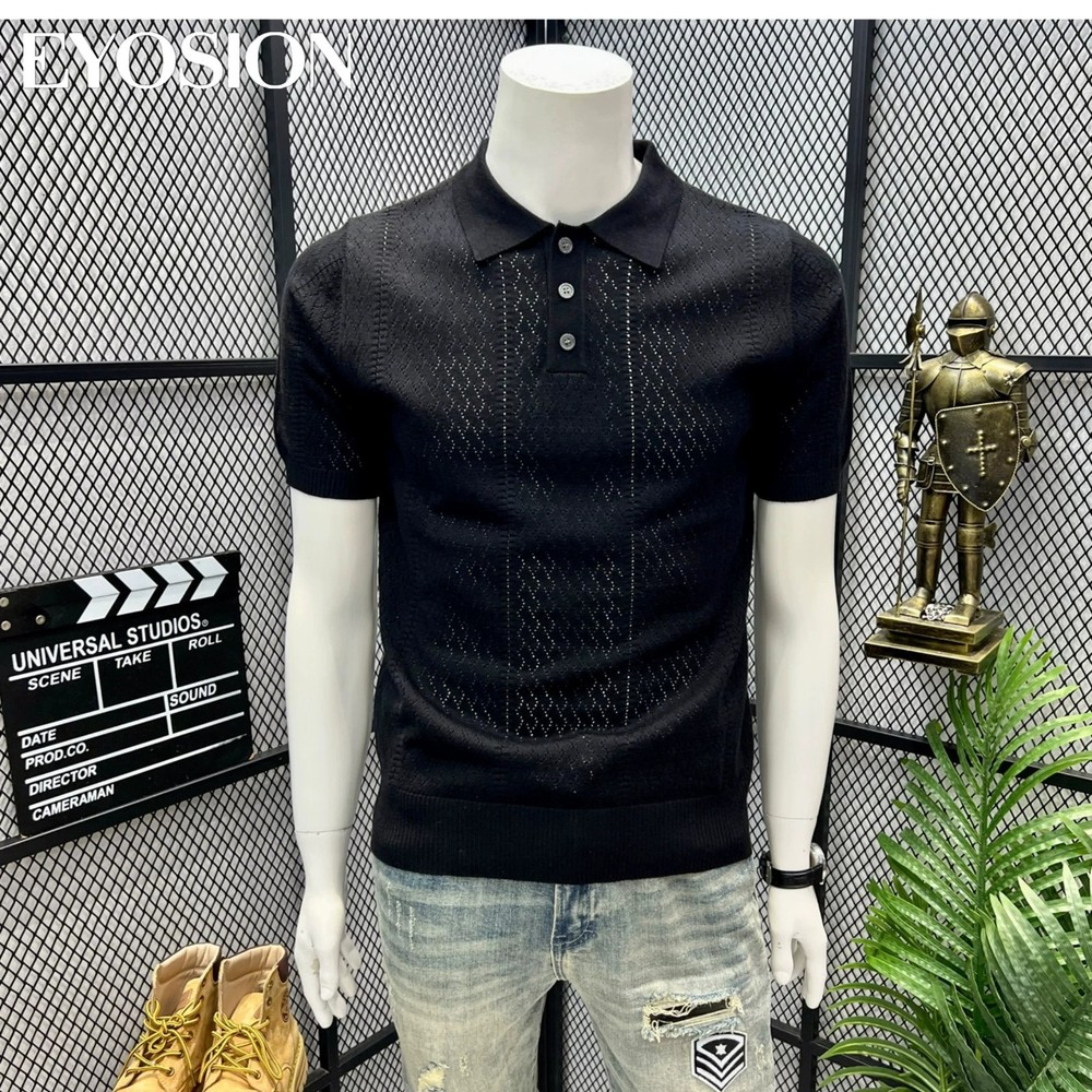 Men Vintage Jacquard Knitted Hollow Out Summer Short Sleeve Sweater Chic Tops
