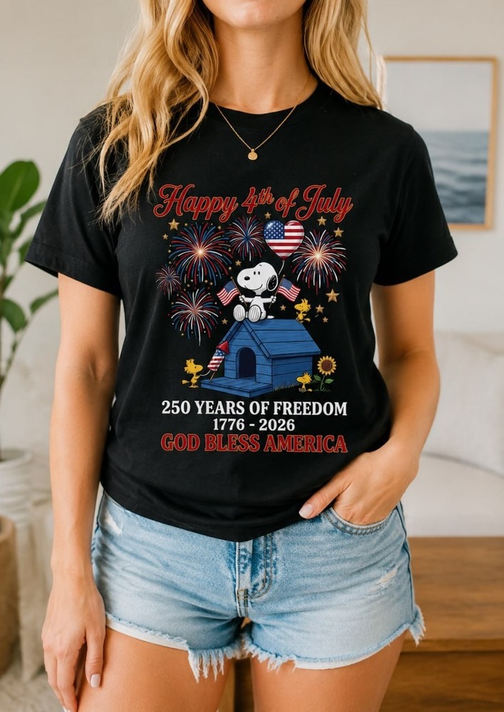 Snoopy 250 Years Of Freedom T-Shirt Peanuts 1776-2026 4th Of July Black Tee