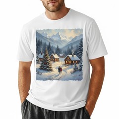 Cozy Winter Village T-Shirt Christmas Log Cabin Snow Scene Mountain Holiday Art