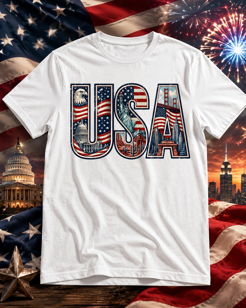 USA Patriotic Landmarks American Flag Eagle Statue of Liberty Graphic T-Shirt