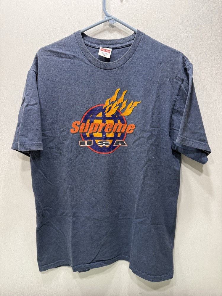 Supreme FW17 Flames Blue T-Shirt Size Medium Distressed Faded See Pics