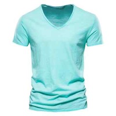 100% Cotton V-Neck Design Slim Fit Soild Color Short Sleeve T Shirt for Men