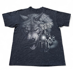 Vintage 90s 3D Emblem The Strong Survive Wolf Biker T Shirt Single Stitch