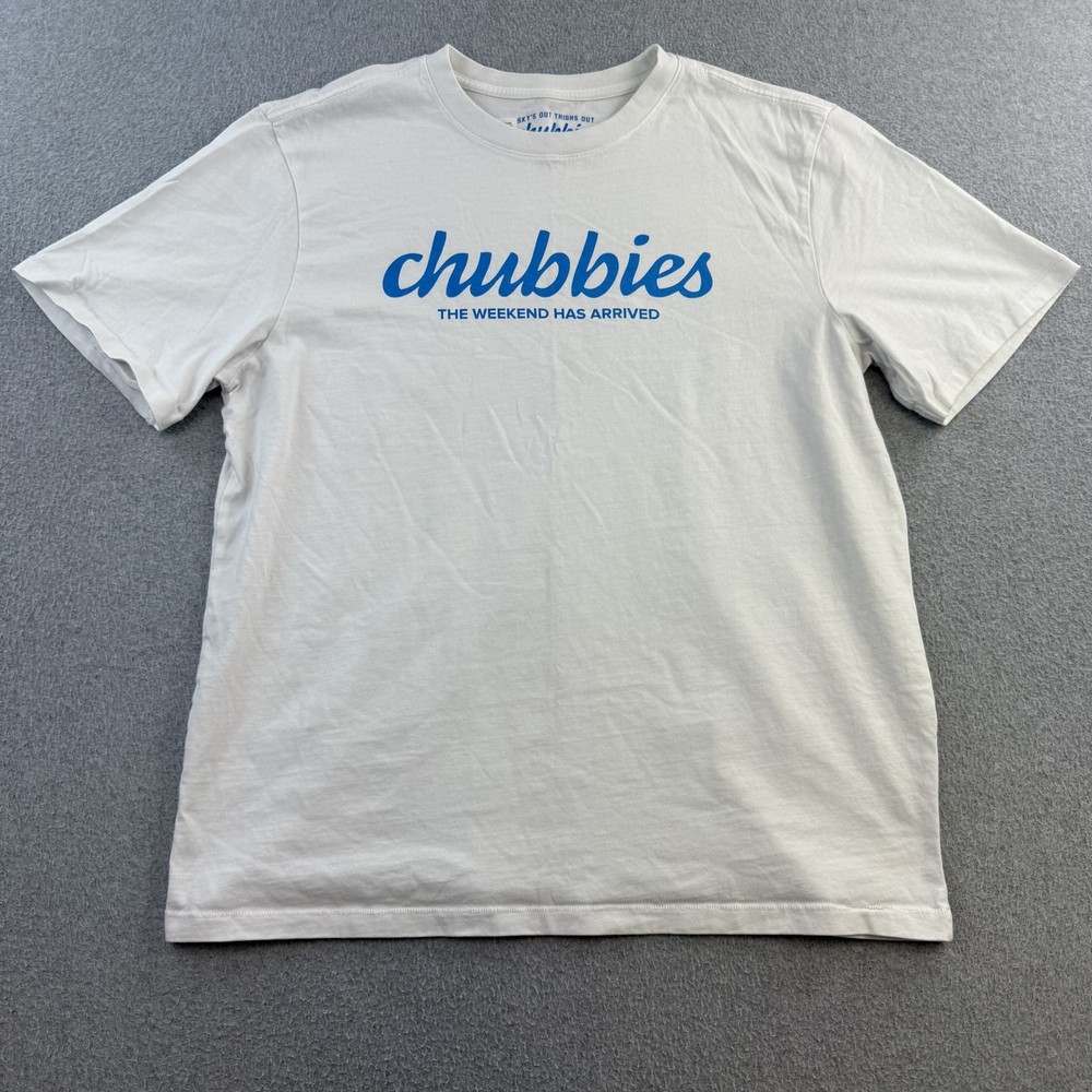 Chubbies Shirt Mens Medium White Blue The Weekend Has Arrived Graphic Tee Adult