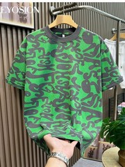 Men’s Green Graphic T-Shirt Vintage Abstract Print Cotton Casual O-Neck Tee
