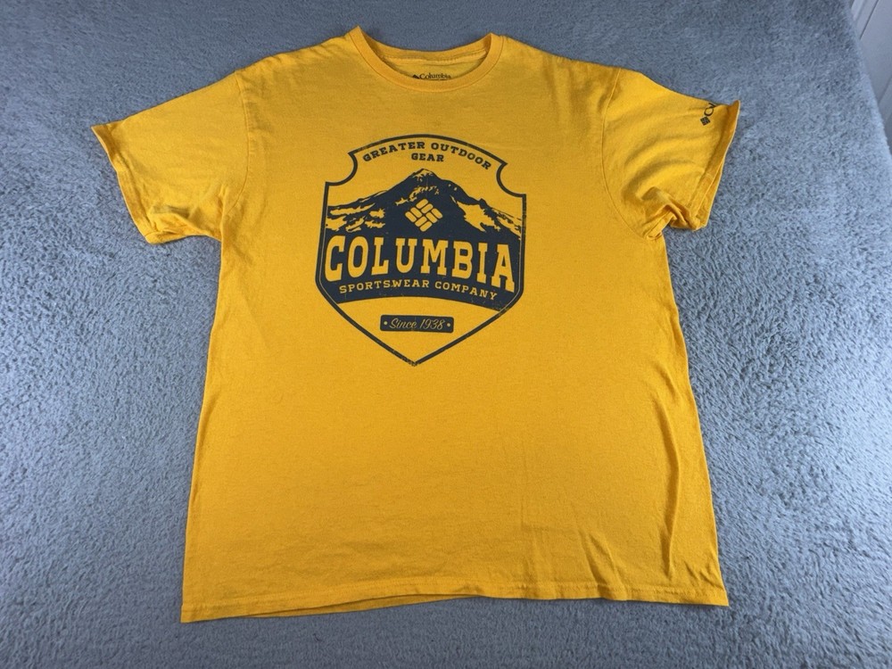 Columbia Mountain Graphic Shirt Mens Large Short Sleeve Yellow Outdoors Casual