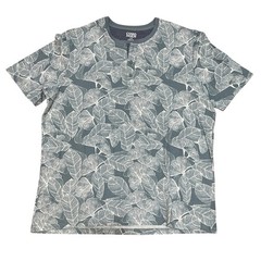 Como Man Men’s Large Ginkgo Leaf Print Henley Shirt Blue White Short Sleeve NWT