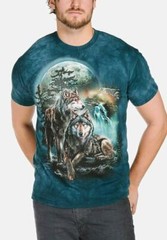 Wolf Lookout Wolves Waterfall Moon Pack Dogs Animal Blue Mountain T-Shirt S-3X