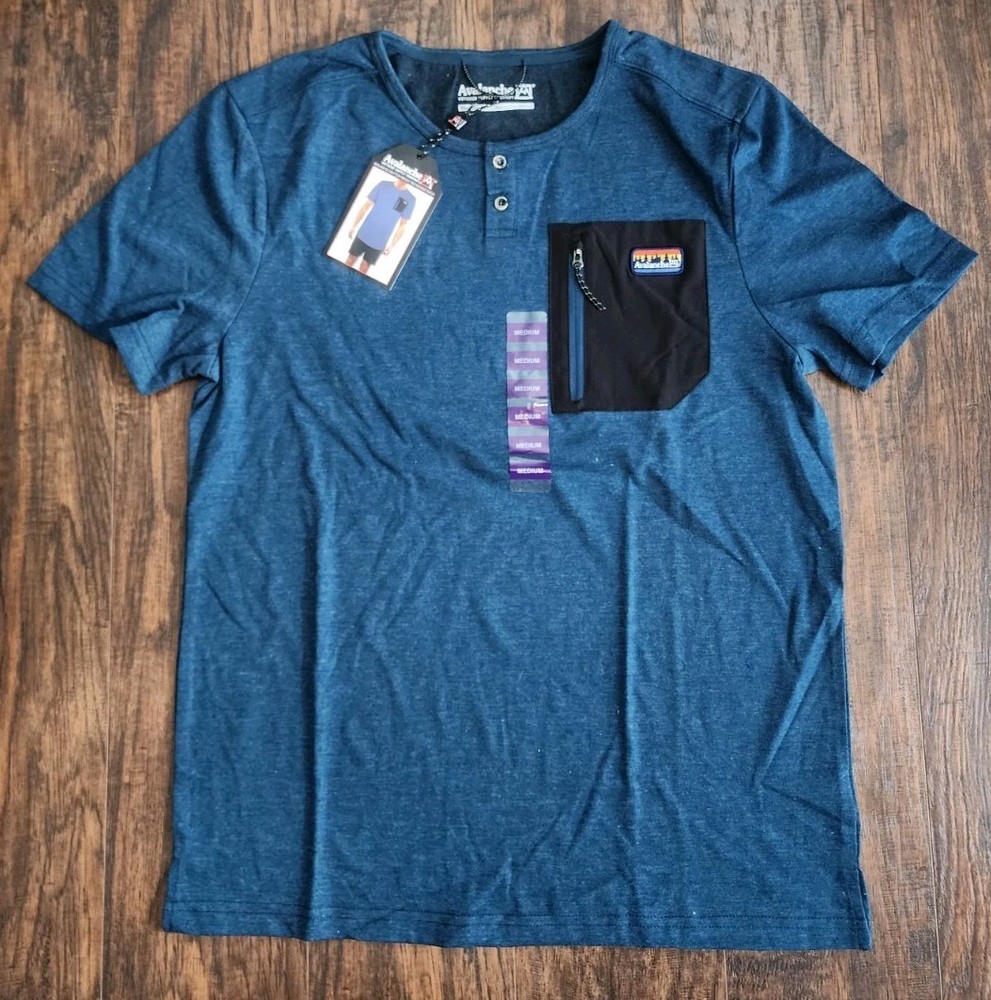 Avalanche Shirt Mens 2 Button Henley Tee Shirt Chest Patch Short Sleeve Indigo M
