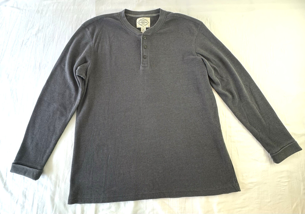 St Johns Bay Henley Men’s 2XL Gray Waffle Knit Button Long Sleeve Stretch Shirt