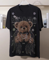 New Men Fashion Diamond Bear Rhinestones Luxury Black White T-Shirt High Quality