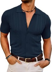 Mens Vintage Striped Knitted Polo Shirt Short Sleeve Button Down Golf Casual Top