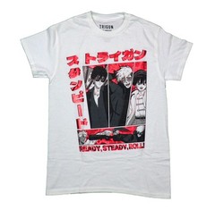 Trigun New Adult T-Shirt – Red Foil Kanji Name Trio Over Ready, Steady, Roll!