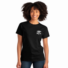 Men’s & Women’s Registered Nurse T-shirt, Left Front, RN Medical Caduceus Staff